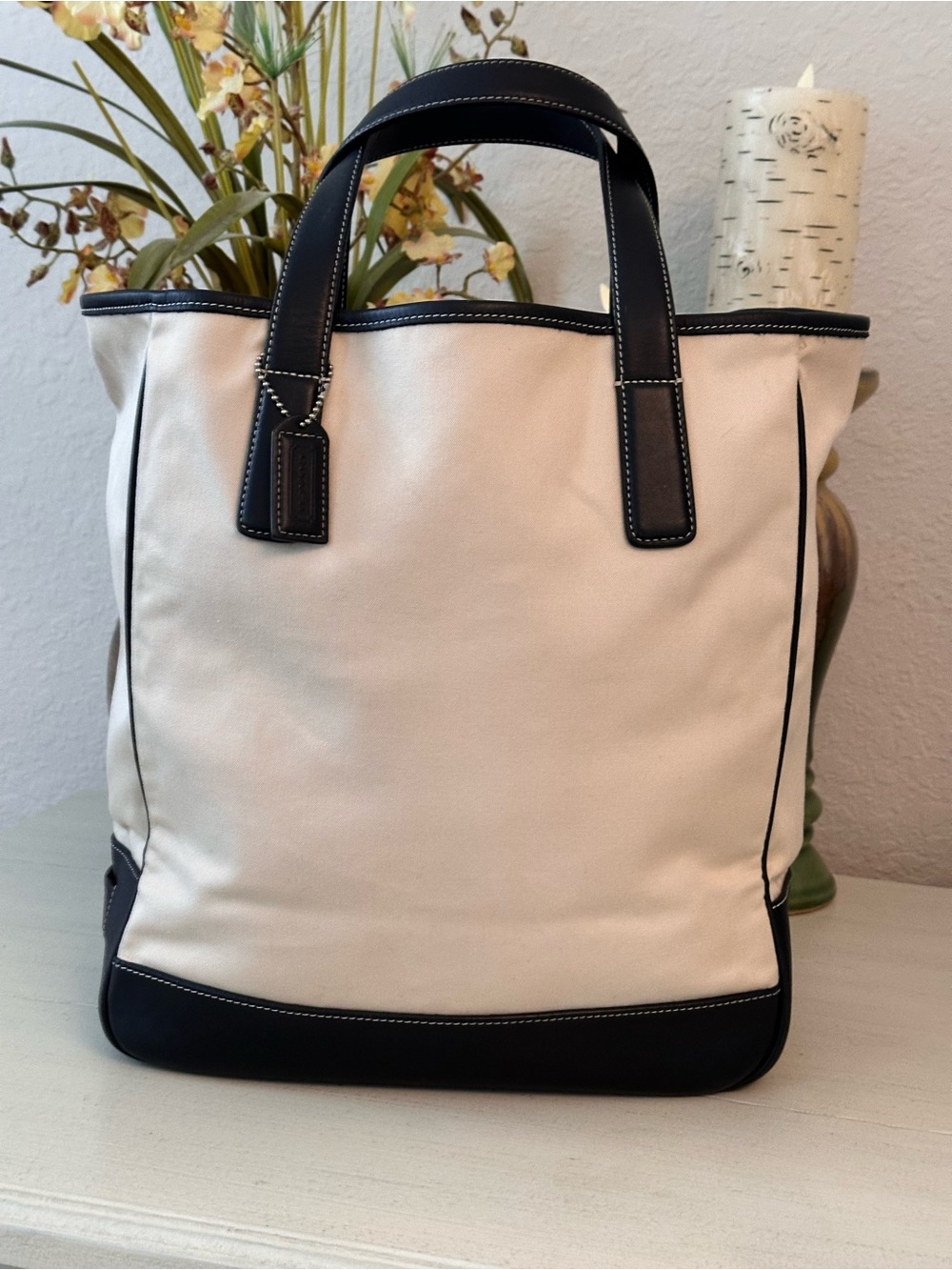 Coach “Hamilton” Ivory Canvas Tote with Black Leather Trim-EVC VINTAGE RESTORED